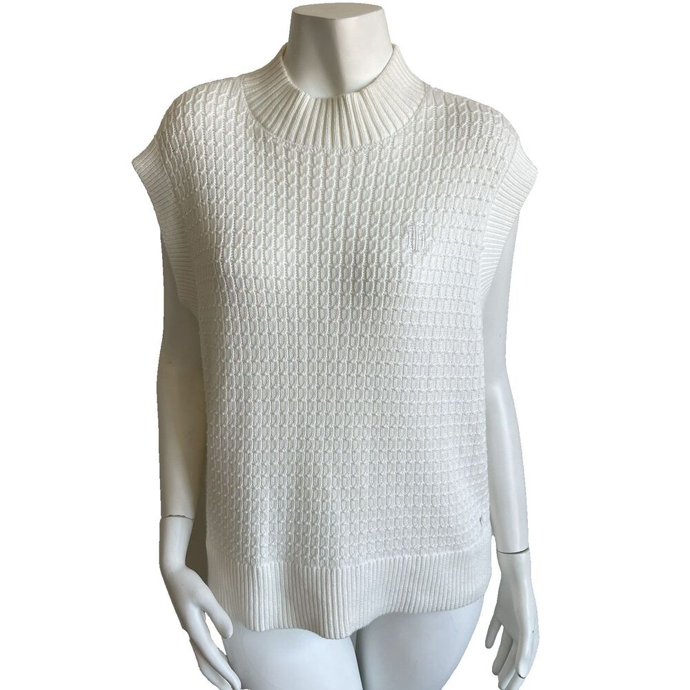 Tommy Hilfiger Women's M Sleeveless Cable Knit Monogram White Sweater Top Preppy